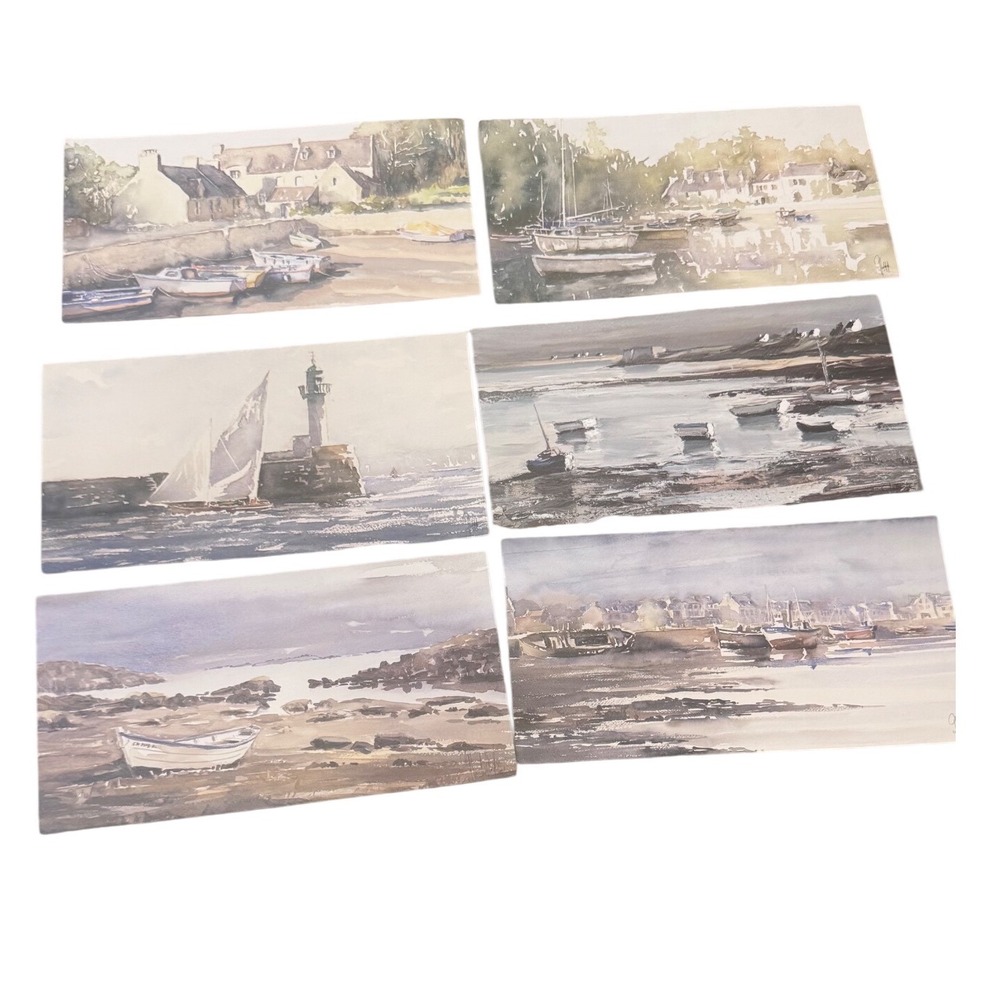 Vintage Nautical Watercolor Coastal Prints Set‎ of 6 Signed Maritime Art 12x6